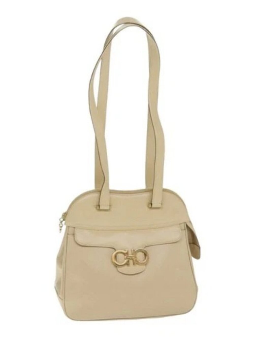 Salvatore Ferragamo Gancini Shoulder Bag Leather Beige Gold Auth 91285